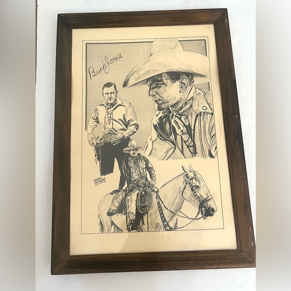 BUCK JONES & Horse Signed Litho Print by  Mario DeMarco Framed 14"X20"(VTG-RARE)